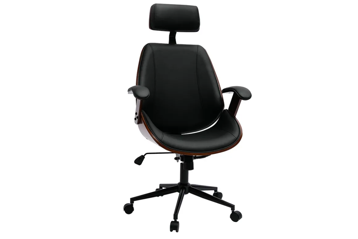 Miliboo Fauteuil De Bureau|Fauteuil De Bureau Ergonomique-Fauteuil de bureau de direction design noir, bois foncé et métal noir MUSK