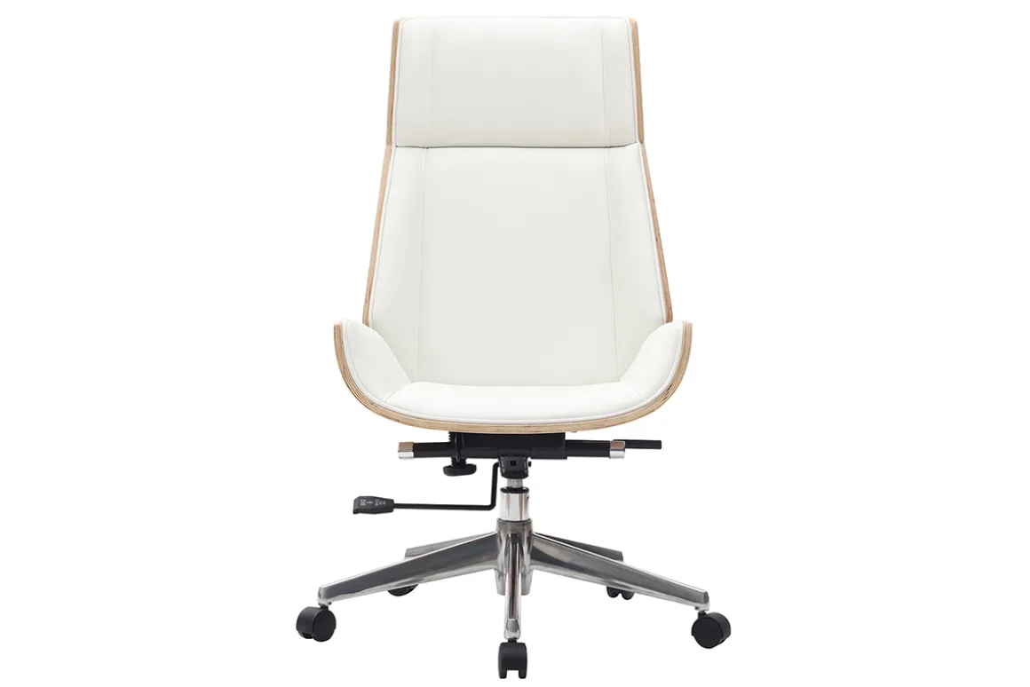 Miliboo Fauteuil De Bureau|Fauteuil De Bureau Ergonomique-Fauteuil de bureau de direction design blanc, bois clair et acier chromé CURVED