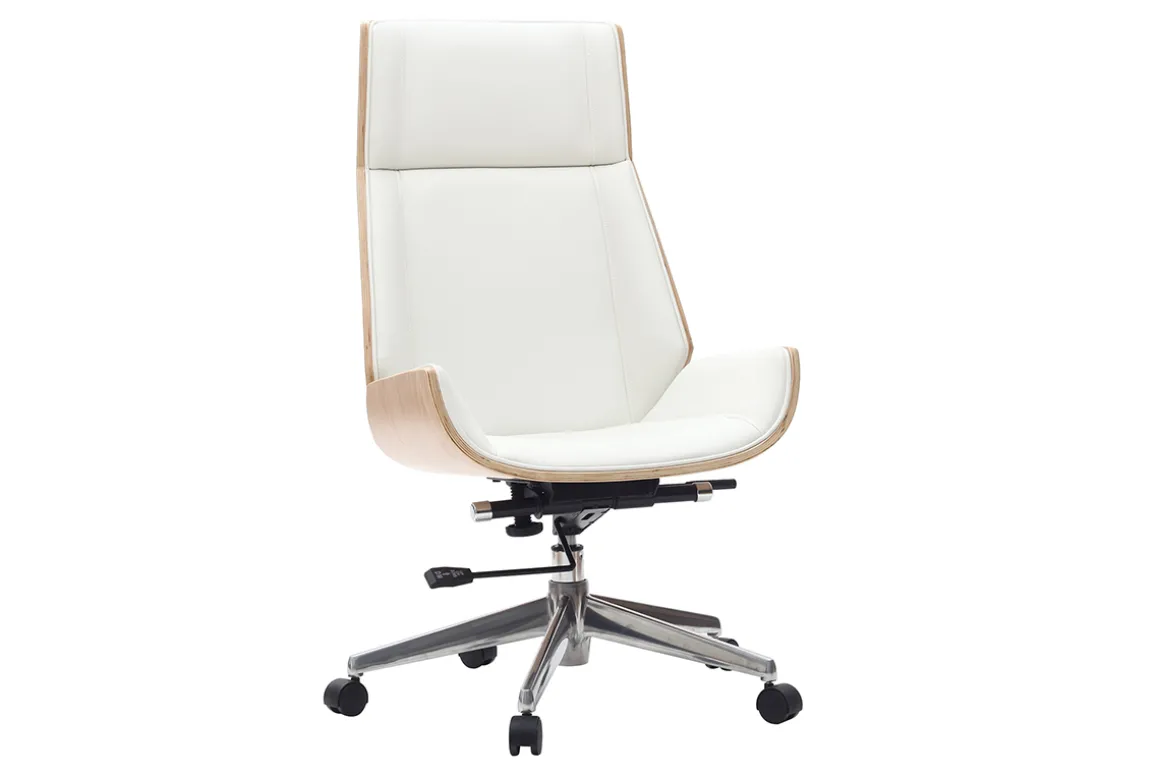 Miliboo Fauteuil De Bureau|Fauteuil De Bureau Ergonomique-Fauteuil de bureau de direction design blanc, bois clair et acier chromé CURVED