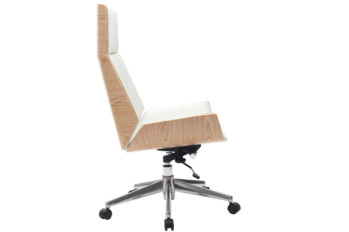 Miliboo Fauteuil De Bureau|Fauteuil De Bureau Ergonomique-Fauteuil de bureau de direction design blanc, bois clair et acier chromé CURVED