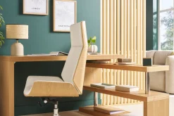 Miliboo Fauteuil De Bureau|Fauteuil De Bureau Ergonomique-Fauteuil de bureau de direction design blanc, bois clair et acier chromé CURVED