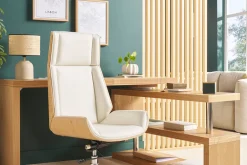 Miliboo Fauteuil De Bureau|Fauteuil De Bureau Ergonomique-Fauteuil de bureau de direction design blanc, bois clair et acier chromé CURVED