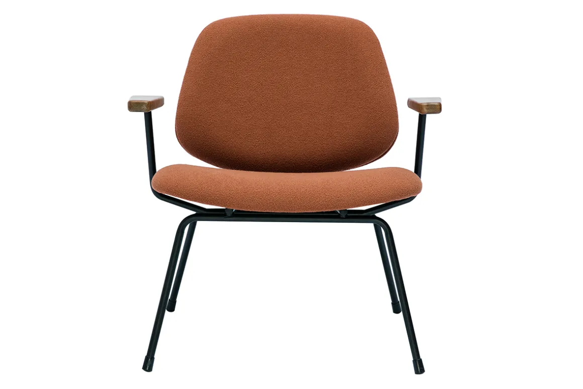 Miliboo Fauteuil Design|Voir Tous Les Fauteuils-Fauteuil design en tissu effet laine bouclée terre brûlée, métal noir et bois foncé BARNET