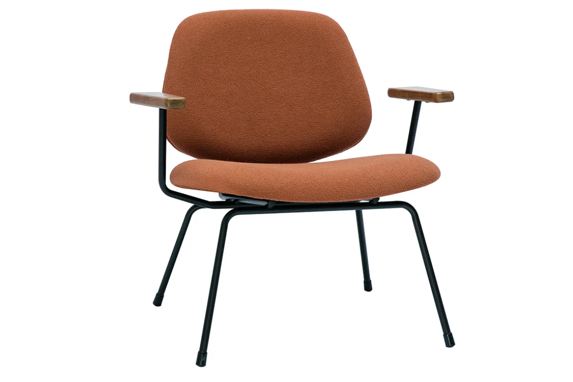 Miliboo Fauteuil Design|Voir Tous Les Fauteuils-Fauteuil design en tissu effet laine bouclée terre brûlée, métal noir et bois foncé BARNET