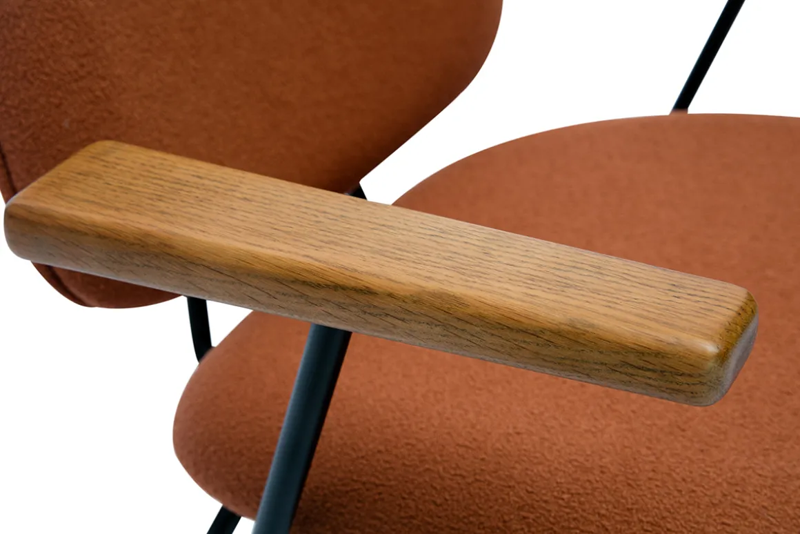 Miliboo Fauteuil Design|Voir Tous Les Fauteuils-Fauteuil design en tissu effet laine bouclée terre brûlée, métal noir et bois foncé BARNET