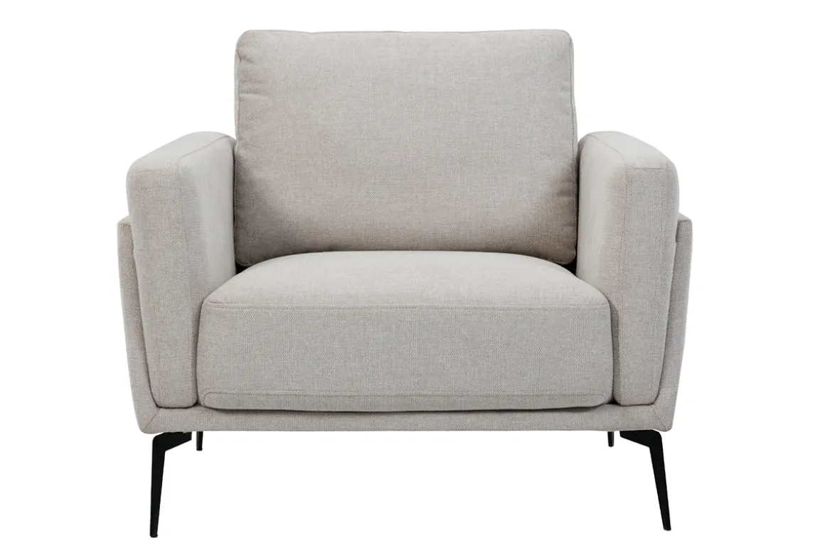 Miliboo Fauteuil Design|Voir Tous Les Fauteuils-Fauteuil design en tissu effet velours texturé beige et métal noir MOSCO