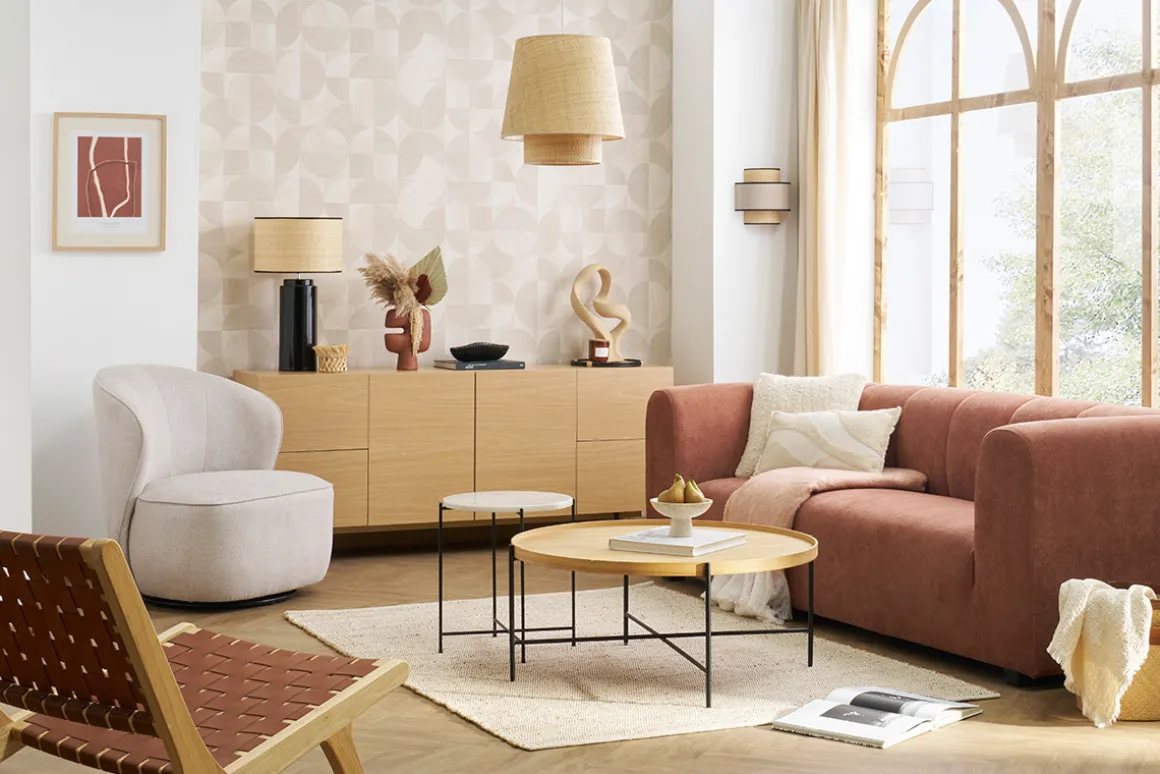 Miliboo Fauteuil Design|Voir Tous Les Fauteuils-Fauteuil design pivotant en tissu effet velours texturé beige AMBER