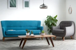 Miliboo Fauteuil Design|Voir Tous Les Fauteuils-Fauteuil déhoussable en tissu bleu foncé et bois foncé YNOK