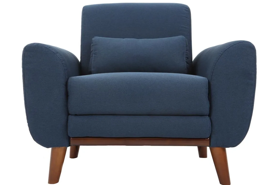 Miliboo Fauteuil Design|Voir Tous Les Fauteuils-Fauteuil en tissu bleu foncé et bois foncé EKTOR