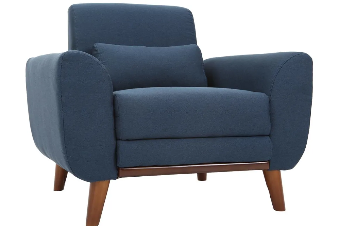 Miliboo Fauteuil Design|Voir Tous Les Fauteuils-Fauteuil en tissu bleu foncé et bois foncé EKTOR