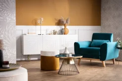 Miliboo Fauteuil Design|Voir Tous Les Fauteuils-Fauteuil en tissu bleu foncé et bois foncé EKTOR