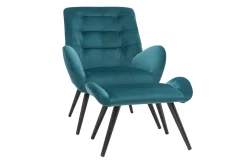 Miliboo Fauteuil Design|Voir Tous Les Fauteuils-Fauteuil et repose-pieds design en tissu velours bleu pétrole et métal noir ZOE