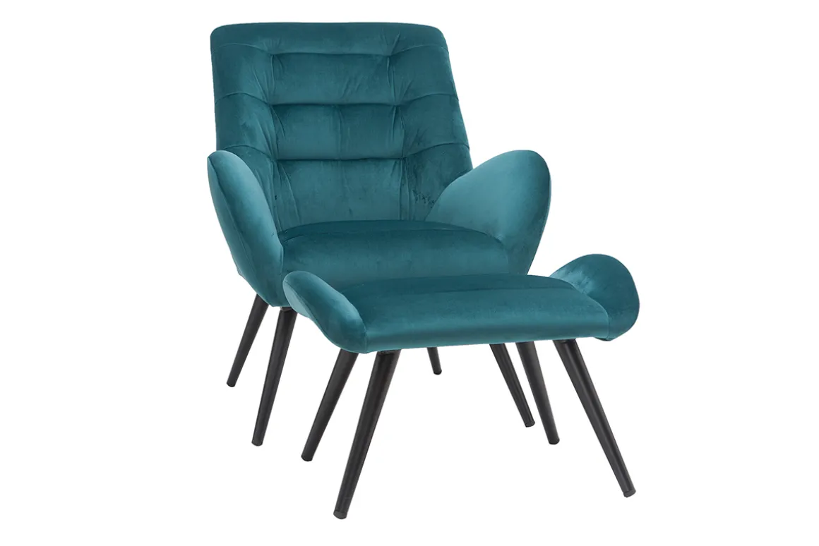 Miliboo Fauteuil Design|Voir Tous Les Fauteuils-Fauteuil et repose-pieds design en tissu velours bleu pétrole et métal noir ZOE