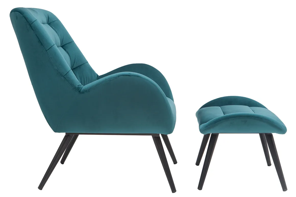 Miliboo Fauteuil Design|Voir Tous Les Fauteuils-Fauteuil et repose-pieds design en tissu velours bleu pétrole et métal noir ZOE