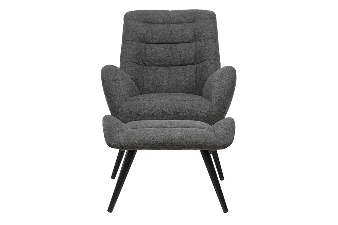 Miliboo Fauteuil Design|Voir Tous Les Fauteuils-Fauteuil et repose-pieds design en tissu gris foncé et métal noir ZOE