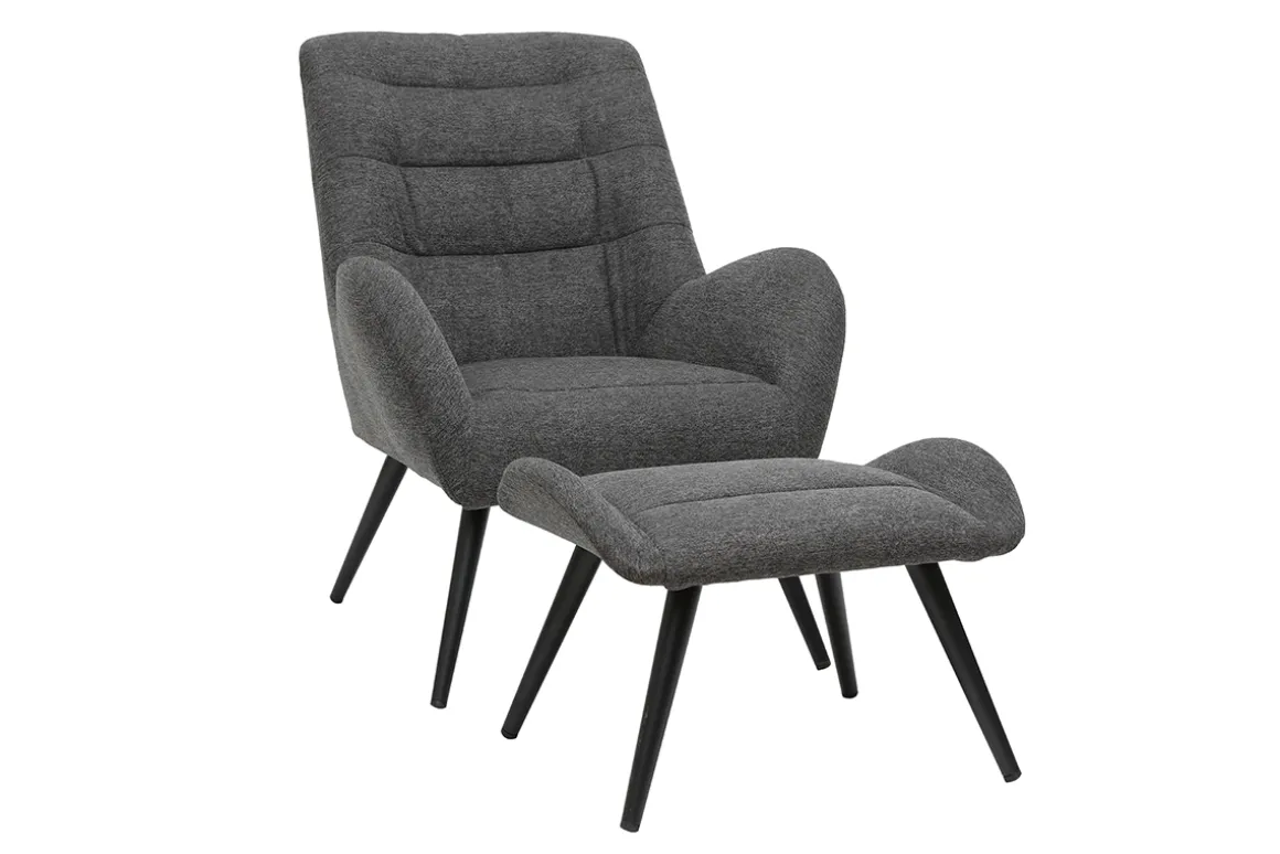 Miliboo Fauteuil Design|Voir Tous Les Fauteuils-Fauteuil et repose-pieds design en tissu gris foncé et métal noir ZOE