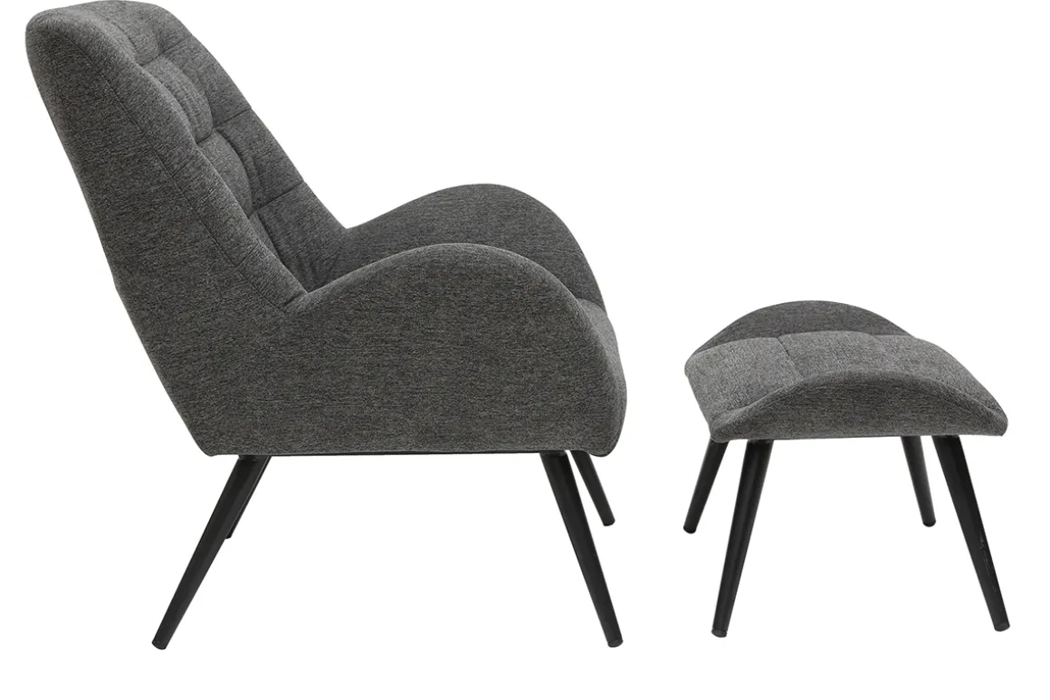 Miliboo Fauteuil Design|Voir Tous Les Fauteuils-Fauteuil et repose-pieds design en tissu gris foncé et métal noir ZOE