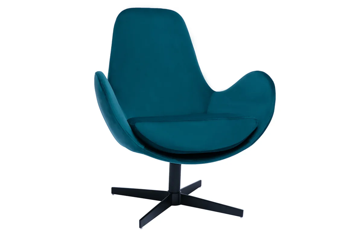 Miliboo Fauteuil Design|Voir Tous Les Fauteuils-Fauteuil pivotant design en tissu velours gaufré bleu canard et métal noir ANDY