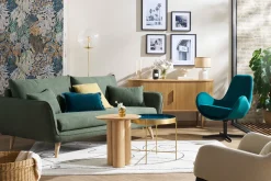 Miliboo Fauteuil Design|Voir Tous Les Fauteuils-Fauteuil pivotant design en tissu velours gaufré bleu canard et métal noir ANDY