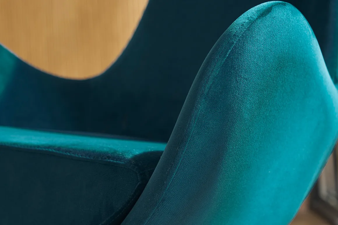 Miliboo Fauteuil Design|Voir Tous Les Fauteuils-Fauteuil pivotant design en tissu velours gaufré bleu canard et métal noir ANDY