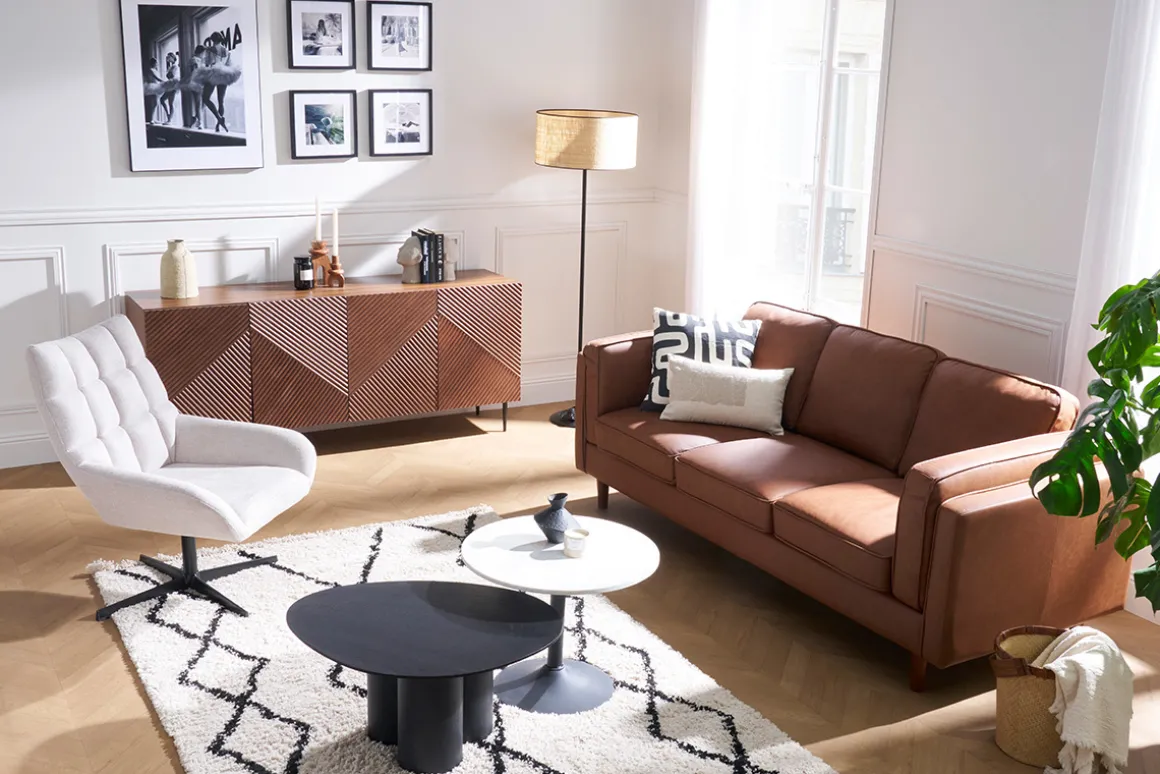 Miliboo Fauteuil Design|Voir Tous Les Fauteuils-Fauteuil pivotant design en tissu effet velours texuré beige et métal noir KING