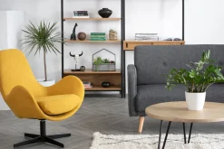 Miliboo Fauteuil Design|Voir Tous Les Fauteuils-Fauteuil pivotant design en tissu effet velours jaune moutarde et métal noir ANDY