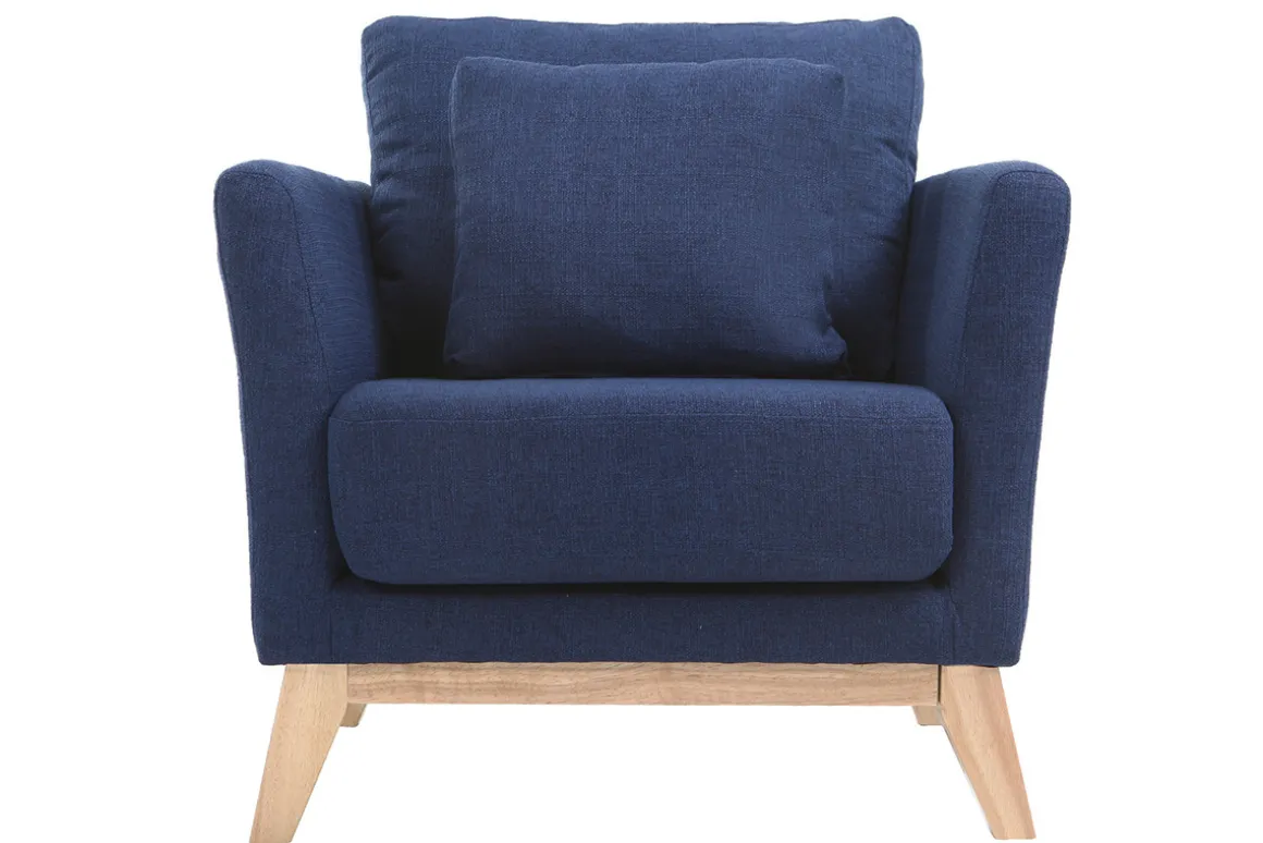 Miliboo Fauteuil Design|Voir Tous Les Fauteuils-Fauteuil scandinave déhoussable en tissu bleu foncé et bois clair OSLO