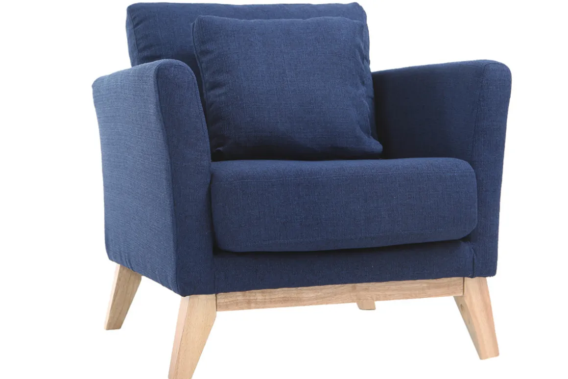 Miliboo Fauteuil Design|Voir Tous Les Fauteuils-Fauteuil scandinave déhoussable en tissu bleu foncé et bois clair OSLO
