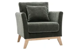 Miliboo Fauteuil Design|Voir Tous Les Fauteuils-Fauteuil scandinave déhoussable en tissu effet velours vert kaki et bois clair OSLO