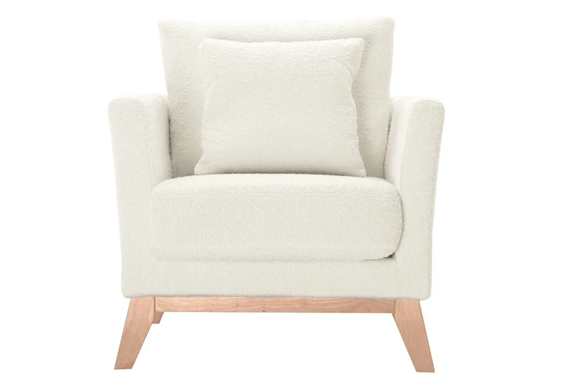 Miliboo Fauteuil Design|Voir Tous Les Fauteuils-Fauteuil scandinave déhoussable en tissu effet laine bouclée blanc cassé et bois clair OSLO
