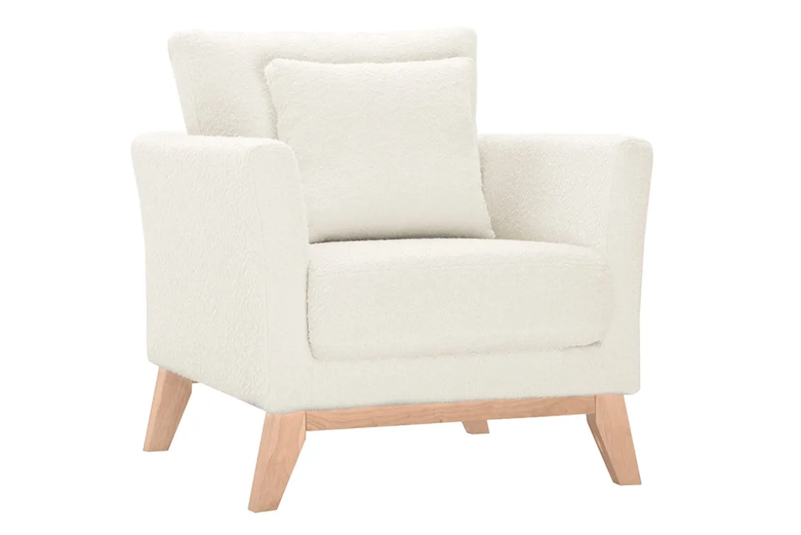 Miliboo Fauteuil Design|Voir Tous Les Fauteuils-Fauteuil scandinave déhoussable en tissu effet laine bouclée blanc cassé et bois clair OSLO