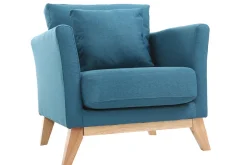 Miliboo Fauteuil Design|Voir Tous Les Fauteuils-Fauteuil scandinave déhoussable en tissu bleu canard et bois clair OSLO