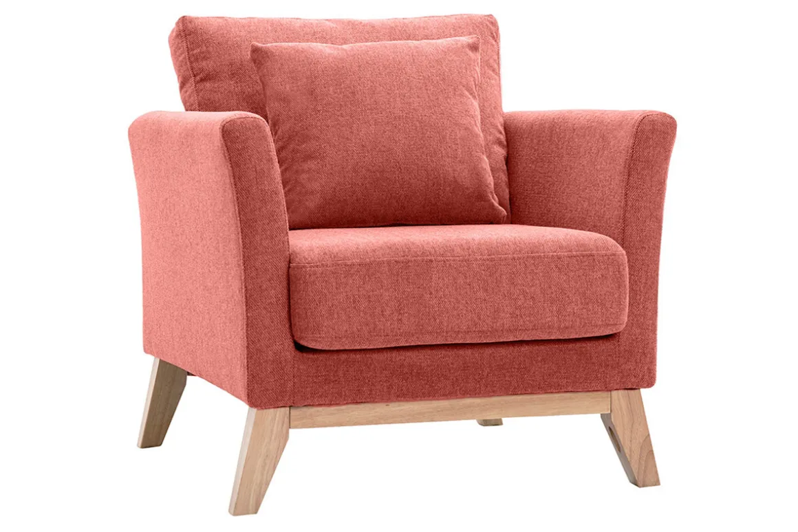 Miliboo Fauteuil Design|Voir Tous Les Fauteuils-Fauteuil scandinave déhoussable en tissu effet velours texturé terracotta et bois clair OSLO
