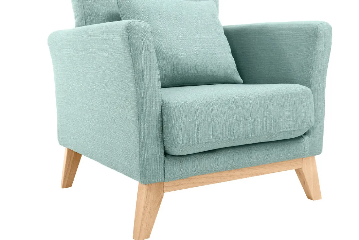 Miliboo Fauteuil Design|Voir Tous Les Fauteuils-Fauteuil scandinave déhoussable en tissu vert lagon et bois clair OSLO