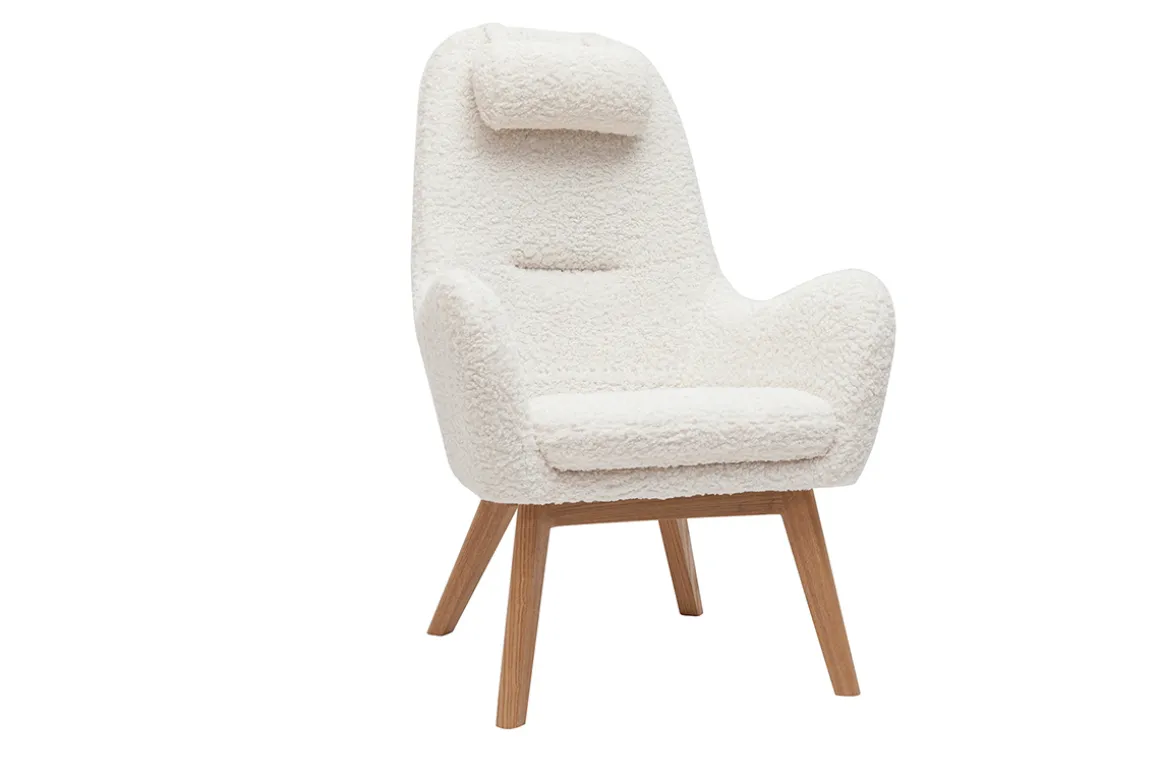 Miliboo Fauteuil Design|Voir Tous Les Fauteuils-Fauteuil scandinave en tissu effet peau de mouton blanc et bois clair MANIA