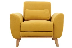 Miliboo Fauteuil Design|Voir Tous Les Fauteuils-Fauteuil scandinave en tissu effet velours jaune moutarde et bois clair EKTOR