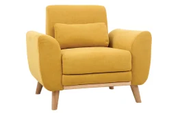 Miliboo Fauteuil Design|Voir Tous Les Fauteuils-Fauteuil scandinave en tissu effet velours jaune moutarde et bois clair EKTOR