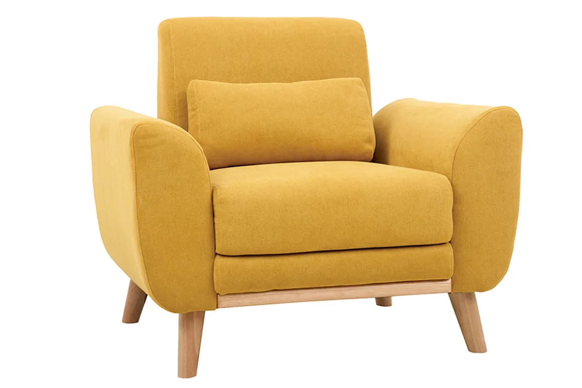 Miliboo Fauteuil Design|Voir Tous Les Fauteuils-Fauteuil scandinave en tissu effet velours jaune moutarde et bois clair EKTOR