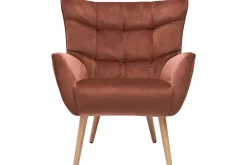 Miliboo Fauteuil Design|Voir Tous Les Fauteuils-Fauteuil scandinave en tissu velours rouge tomette et bois clair AVERY