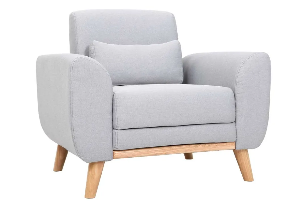 Miliboo Fauteuil Design|Voir Tous Les Fauteuils-Fauteuil scandinave en tissu gris clair et bois clair EKTOR