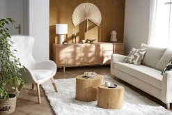 Miliboo Fauteuil Design|Voir Tous Les Fauteuils-Fauteuil scandinave en tissu effet velours texturé beige et bois clair ESKUA