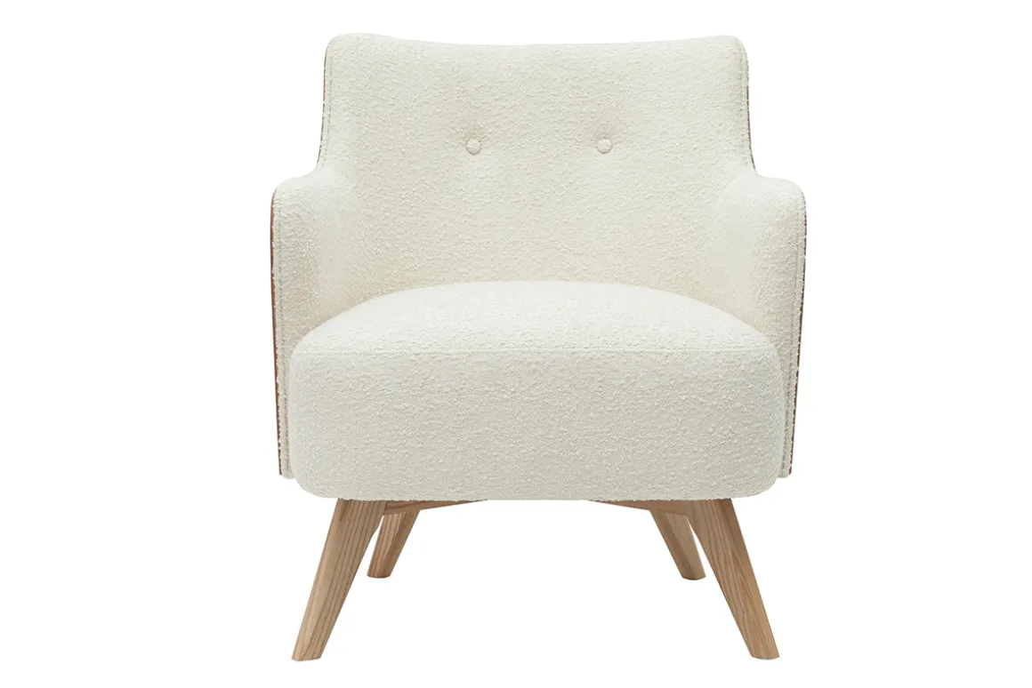 Miliboo Fauteuil Design|Voir Tous Les Fauteuils-Fauteuil scandinave en tissu effet laine bouclée blanc cassé et bois clair VALMY