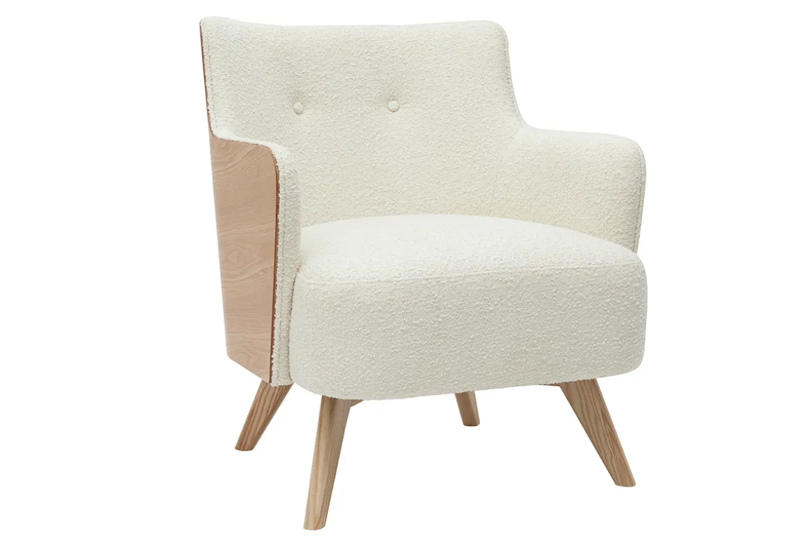 Miliboo Fauteuil Design|Voir Tous Les Fauteuils-Fauteuil scandinave en tissu effet laine bouclée blanc cassé et bois clair VALMY