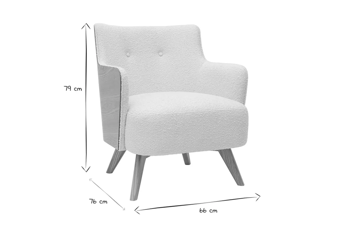 Miliboo Fauteuil Design|Voir Tous Les Fauteuils-Fauteuil scandinave en tissu effet laine bouclée blanc cassé et bois clair VALMY