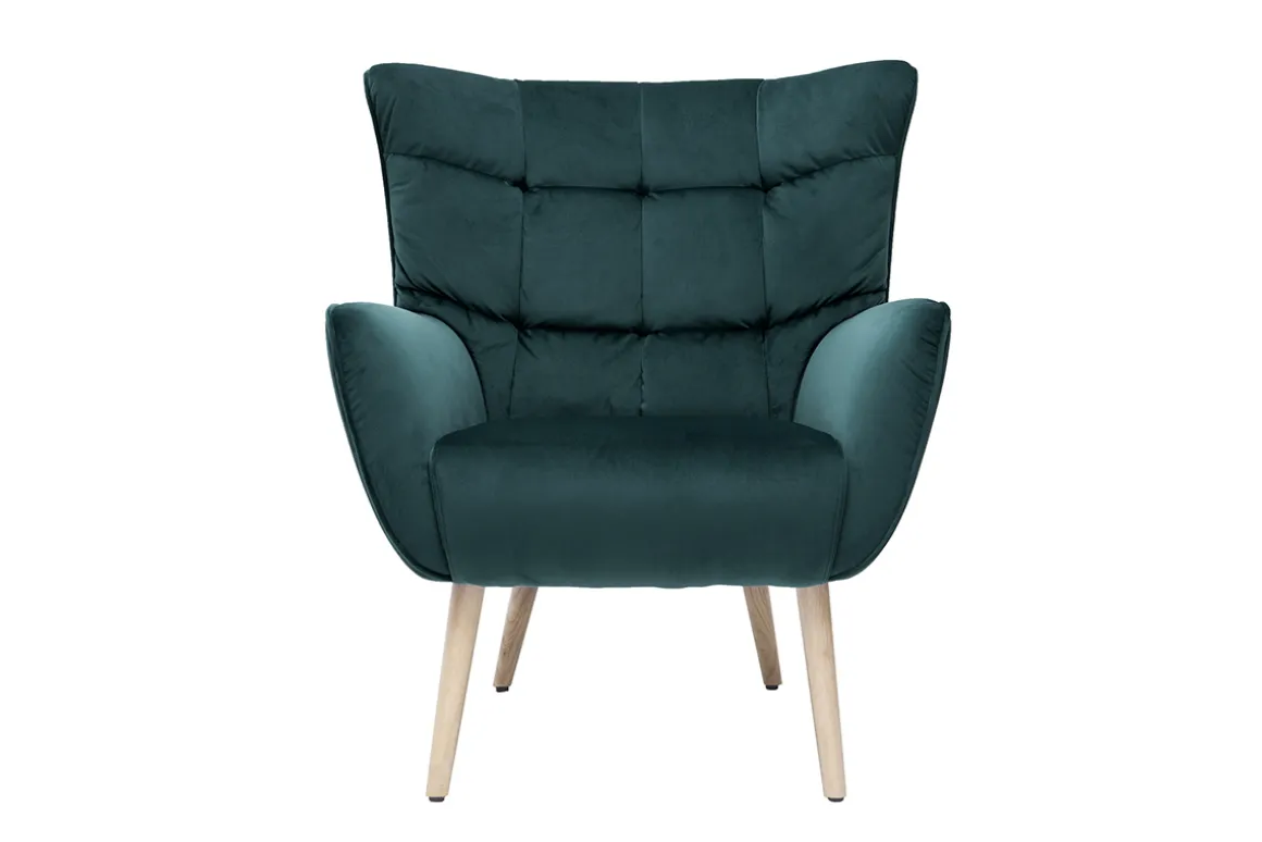 Miliboo Fauteuil Design|Voir Tous Les Fauteuils-Fauteuil scandinave en tissu velours bleu pétrole et bois clair AVERY