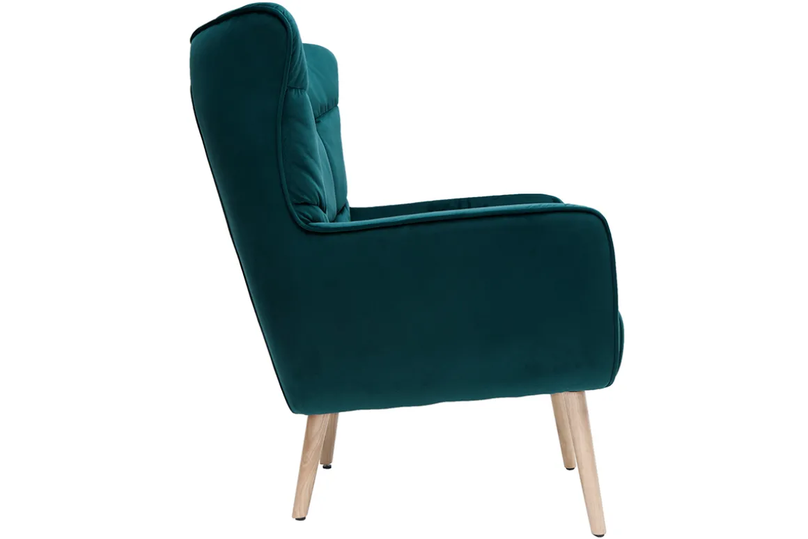 Miliboo Fauteuil Design|Voir Tous Les Fauteuils-Fauteuil scandinave en tissu velours bleu pétrole et bois clair AVERY
