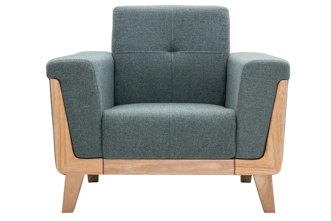 Miliboo Fauteuil Design|Voir Tous Les Fauteuils-Fauteuil scandinave en tissu vert de gris et bois clair FJORD