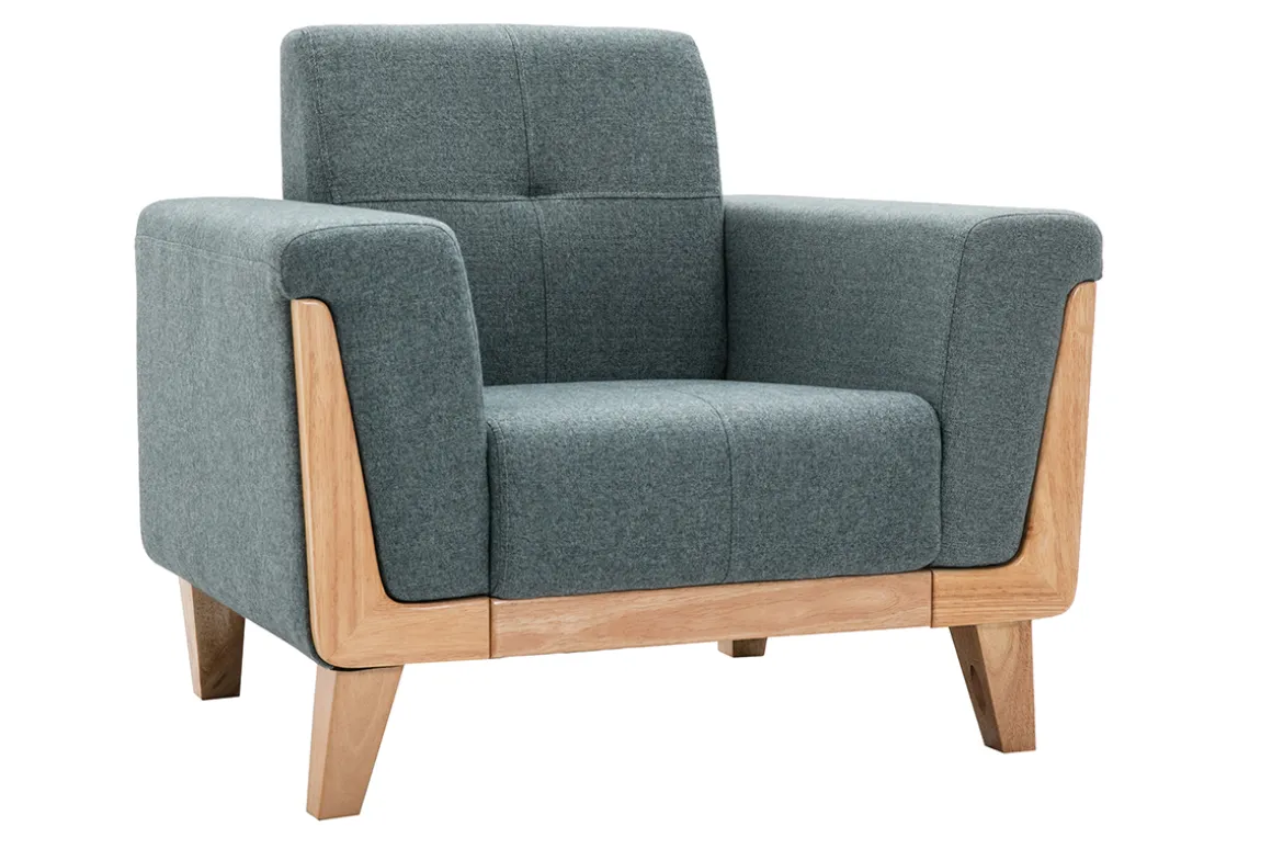 Miliboo Fauteuil Design|Voir Tous Les Fauteuils-Fauteuil scandinave en tissu vert de gris et bois clair FJORD