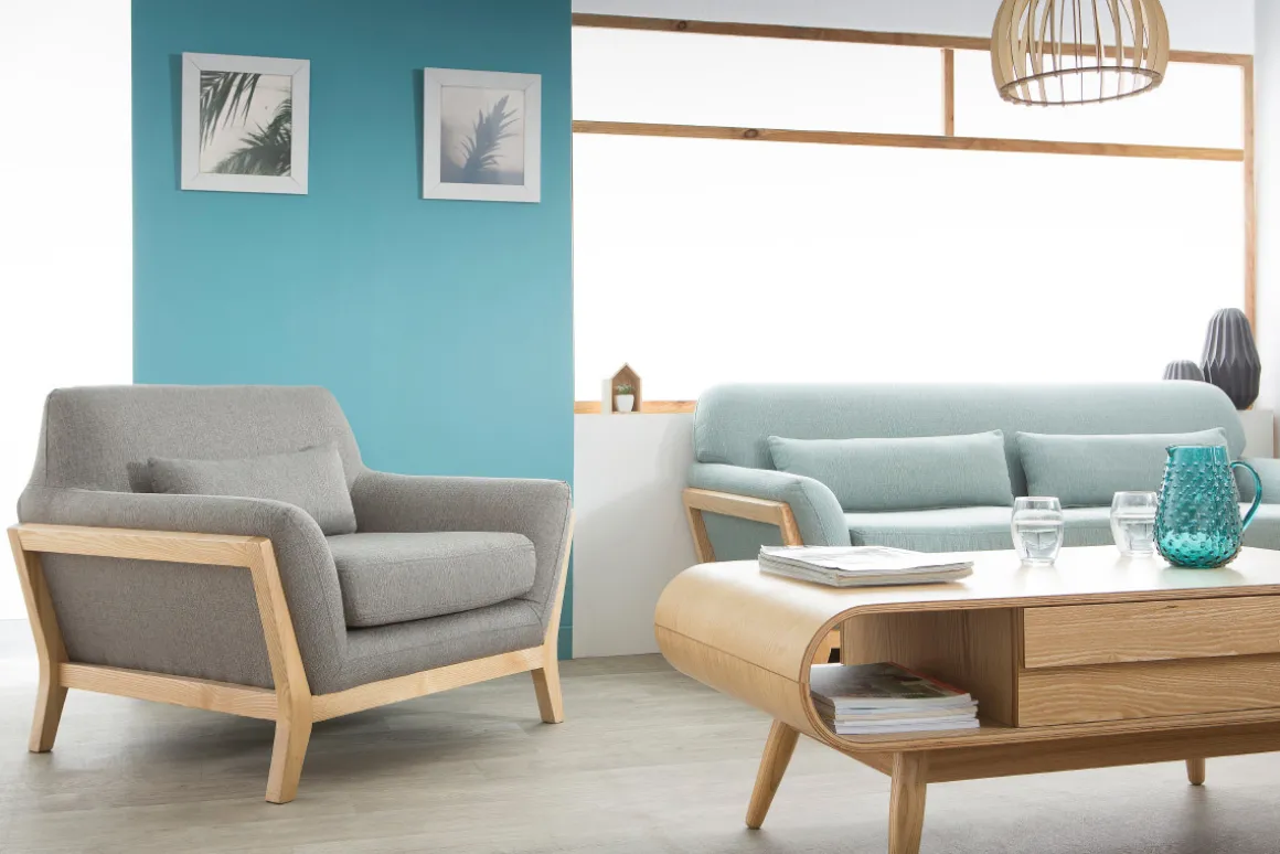 Miliboo Fauteuil Design|Voir Tous Les Fauteuils-Fauteuil scandinave en tissu gris et bois clair massif YOKO