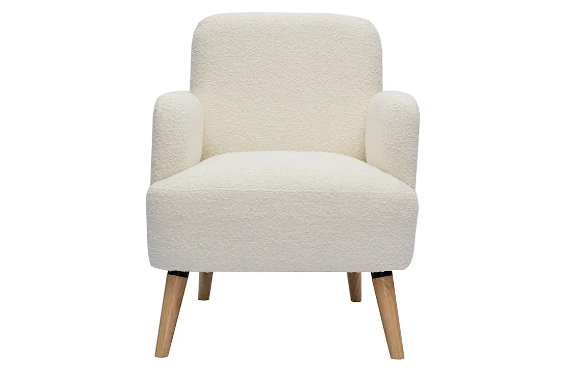 Miliboo Fauteuil Design|Voir Tous Les Fauteuils-Fauteuil scandinave en tissu effet laine bouclée blanc cassé et bois clair ISKO